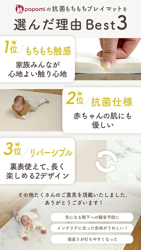 popomiプレイマットのエンボス加工・抗菌試験・リバーシブル仕様を紹介する画像
