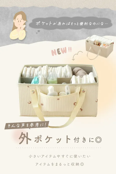 R0620の外ポケット付き仕様と小物を分ける収納例を紹介した楽天の掲載画像