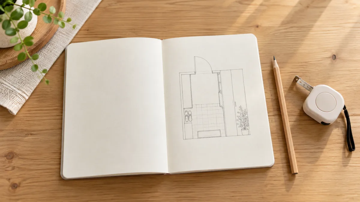 玄関からの移動経路をノートに描き、メジャーで採寸を準備するイメージ