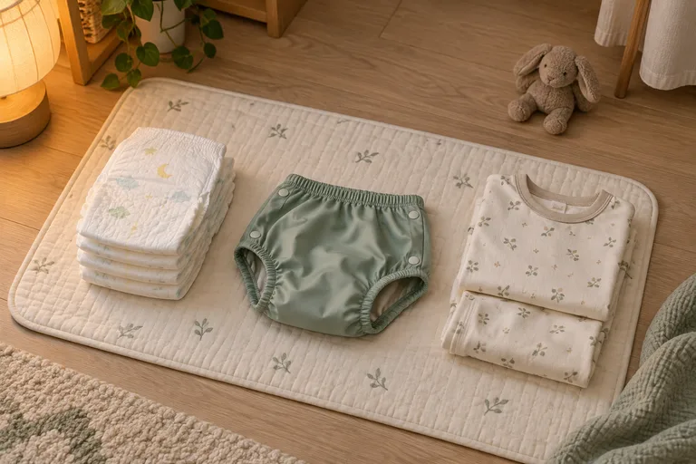紙おむつ、替えの服、防水カバーを分けた夜の準備