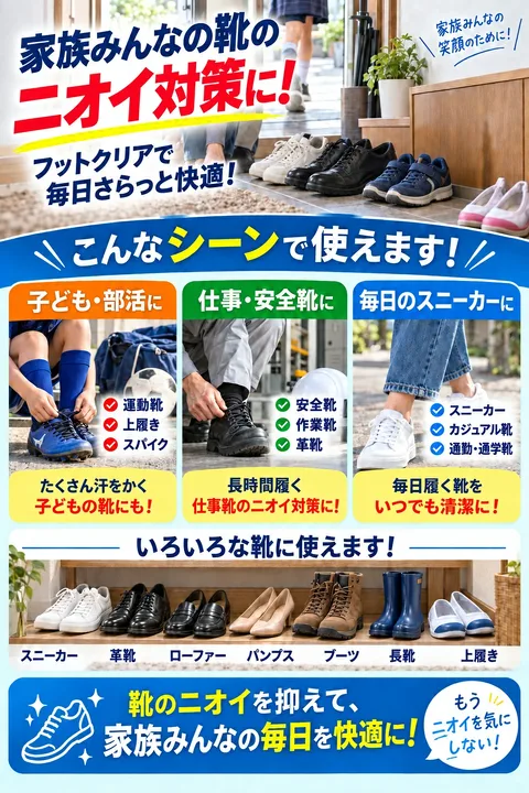 フットクリアの使用対象となるスニーカー、革靴、上履きなどの販売店使用例