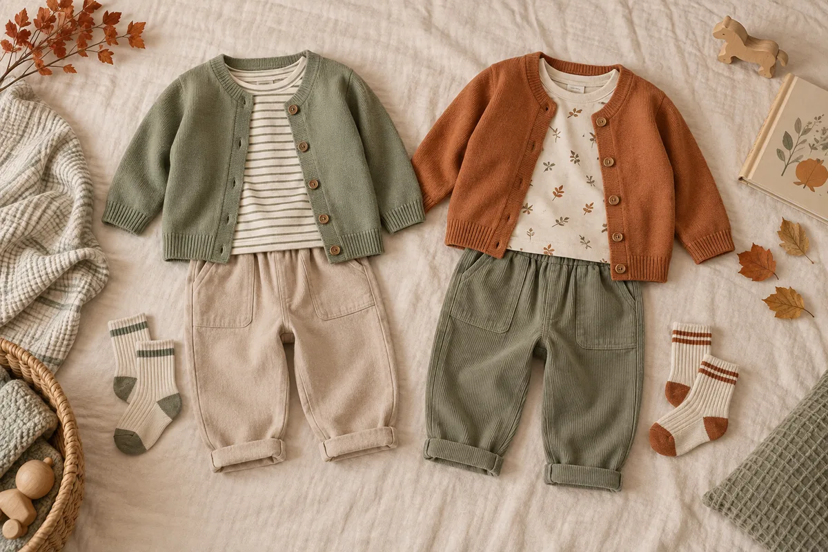 薄手のカーディガンと長袖、パンツを二組に分けた秋の服装のイメージ