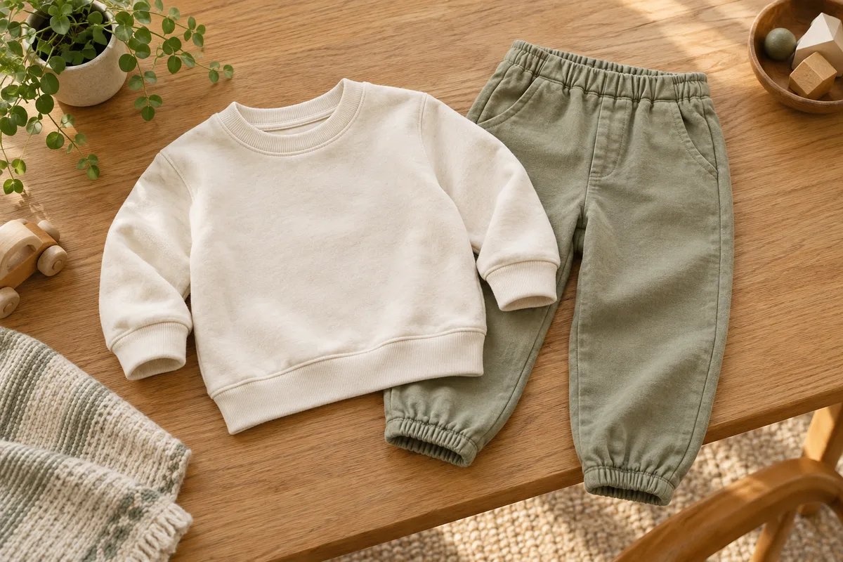ひもやフードのない子ども服の首まわりと裾を確認するイメージ