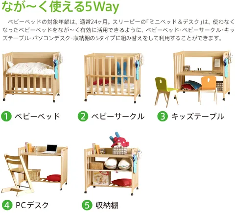 ミニベッド＆デスクのベッド・サークル・机・収納棚への5way使用例
